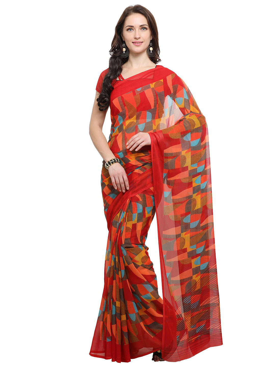Women's Red Chiffon Geometric Print Saree