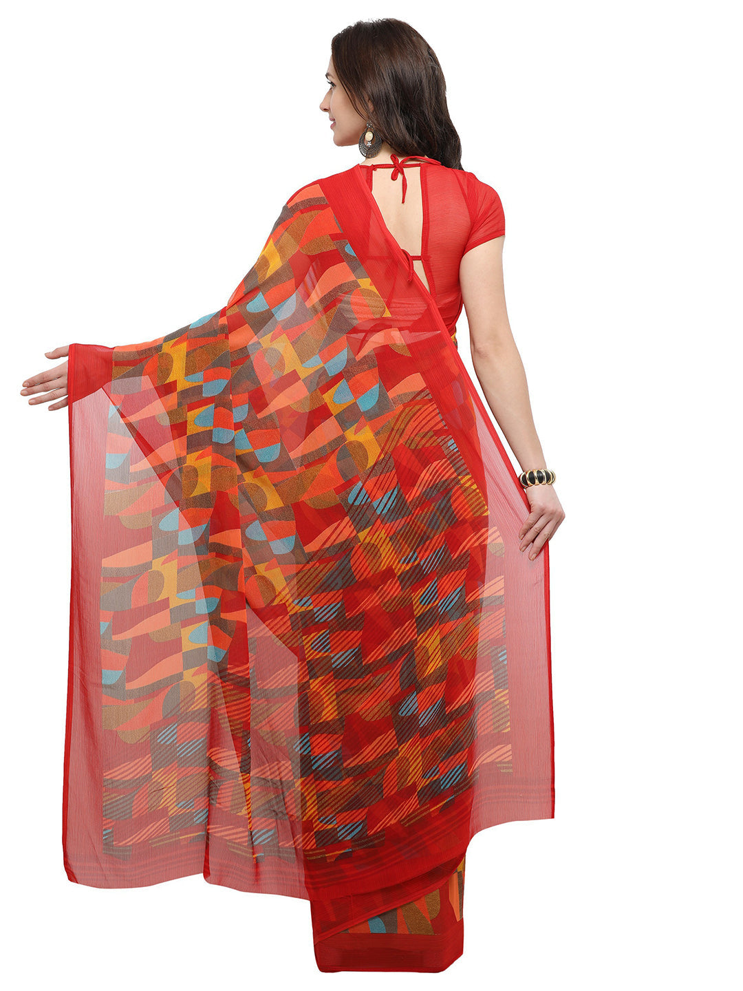 Women's Red Chiffon Geometric Print Saree