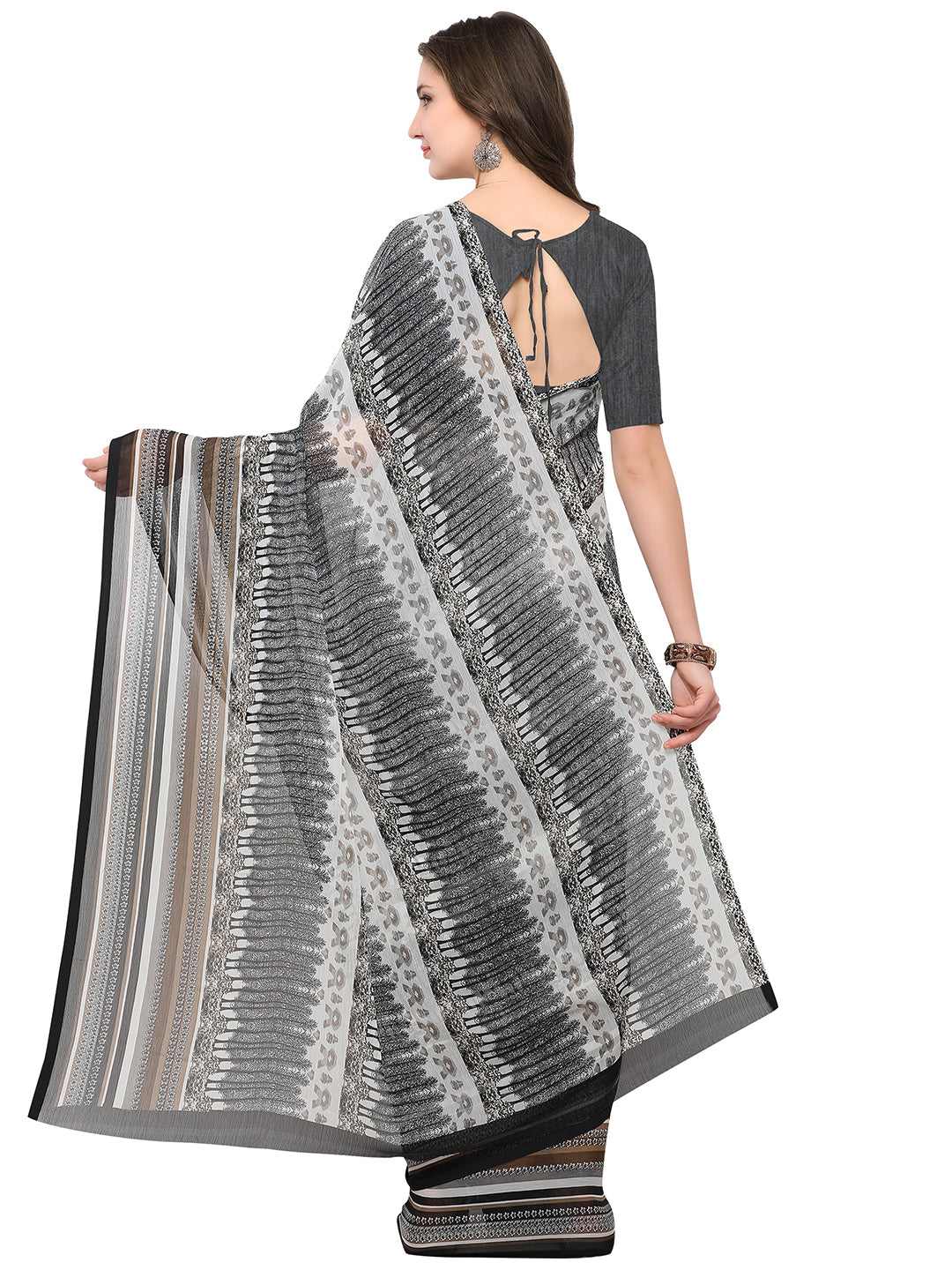 Women's Grey Chiffon Geometric Print Saree