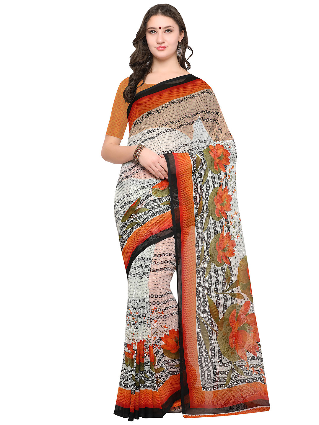 Women's White Chiffon Floral Print Saree