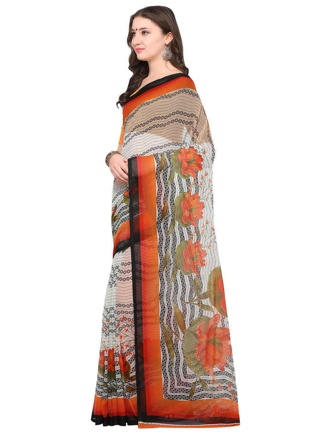 Women's White Chiffon Floral Print Saree