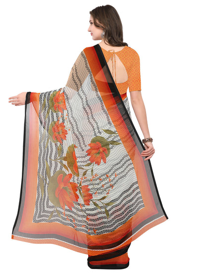 Women's White Chiffon Floral Print Saree