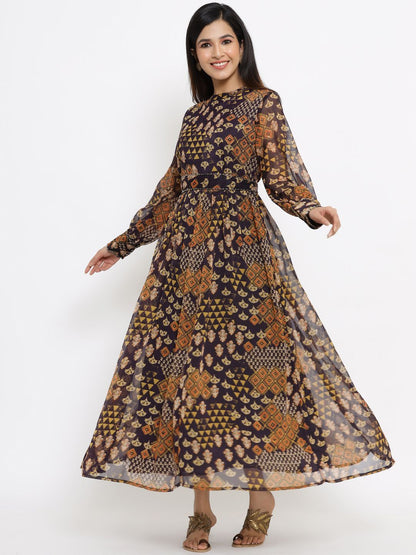 Women's Flared Printed Dress With Tie-up Blet3