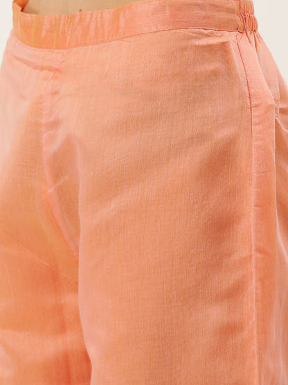 Women's Peach Color Chanderi Silk Straight Embroidered Kurta Pant With Dupatta