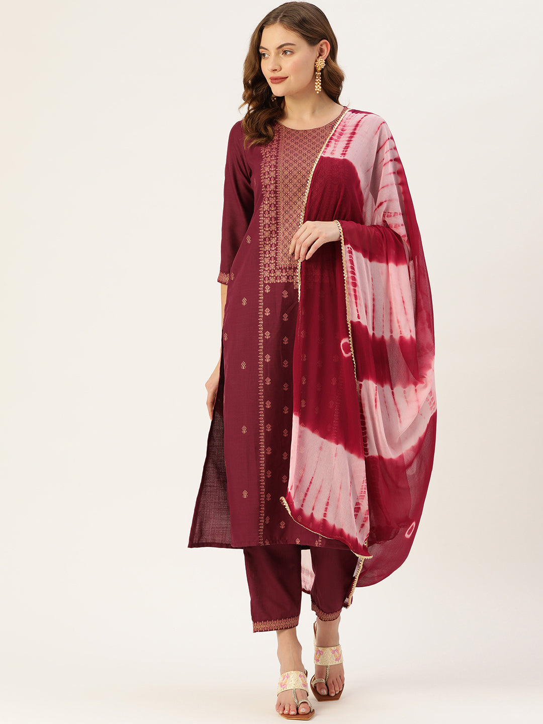Women's Wine Cotton Blend Panelled Printed Straight Kurta Trouser Set With Dupatta