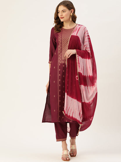 Women's Wine Cotton Blend Panelled Printed Straight Kurta Trouser Set With Dupatta
