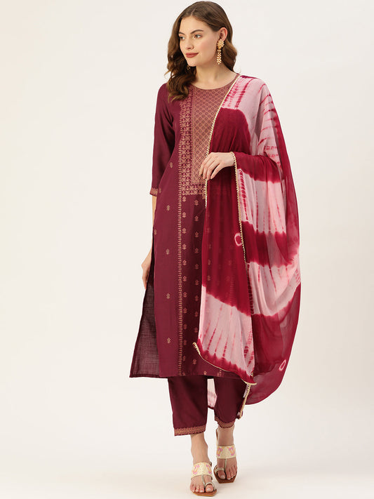 Women's Wine Cotton Blend Panelled Printed Straight Kurta Trouser Set With Dupatta