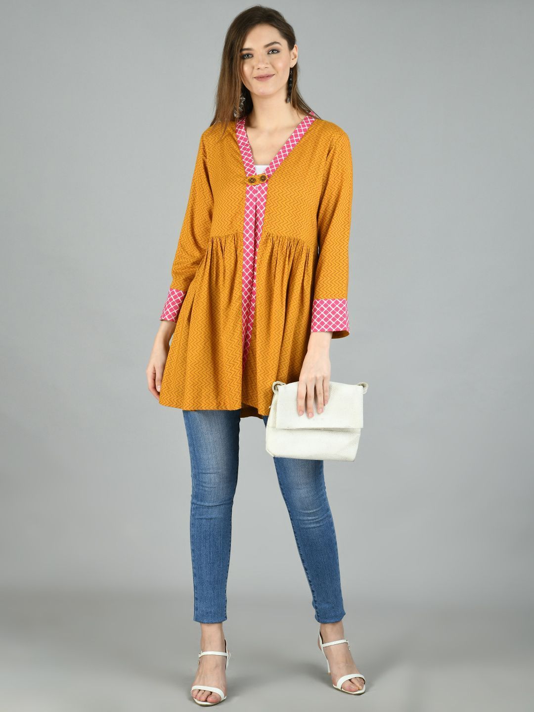 Women's Mustrd Cotton Printed Full Sleeve V Neck Casual Shrug