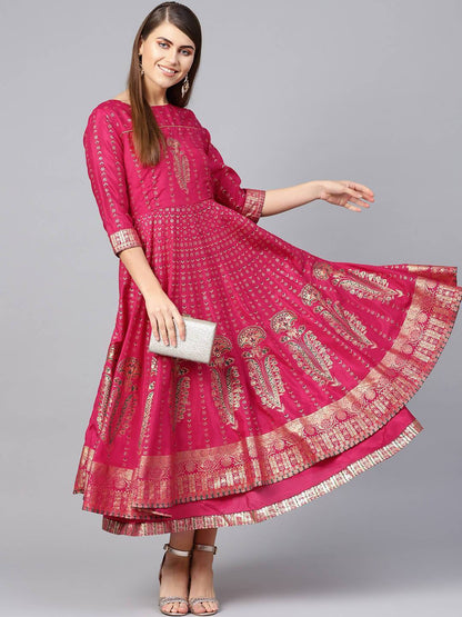 Buy_Women's_Fuschia_Shantoon_Gold_Foil_Print_Layered_Kurta_Dress_Online_Trendia
