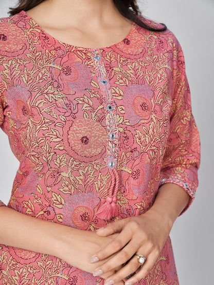 Women's Pink Cotton Kurta & Pant With Dupatta By Vbuyz- (3
