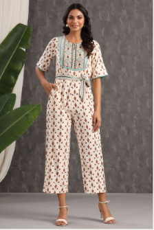 Women's Ivory Rayon Printed Ethnic Jumpsuit with Belt