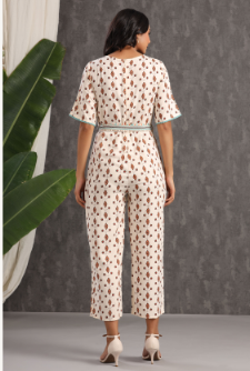 Women's Ivory Rayon Printed Ethnic Jumpsuit with Belt