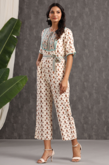 Women's Ivory Rayon Printed Ethnic Jumpsuit with Belt
