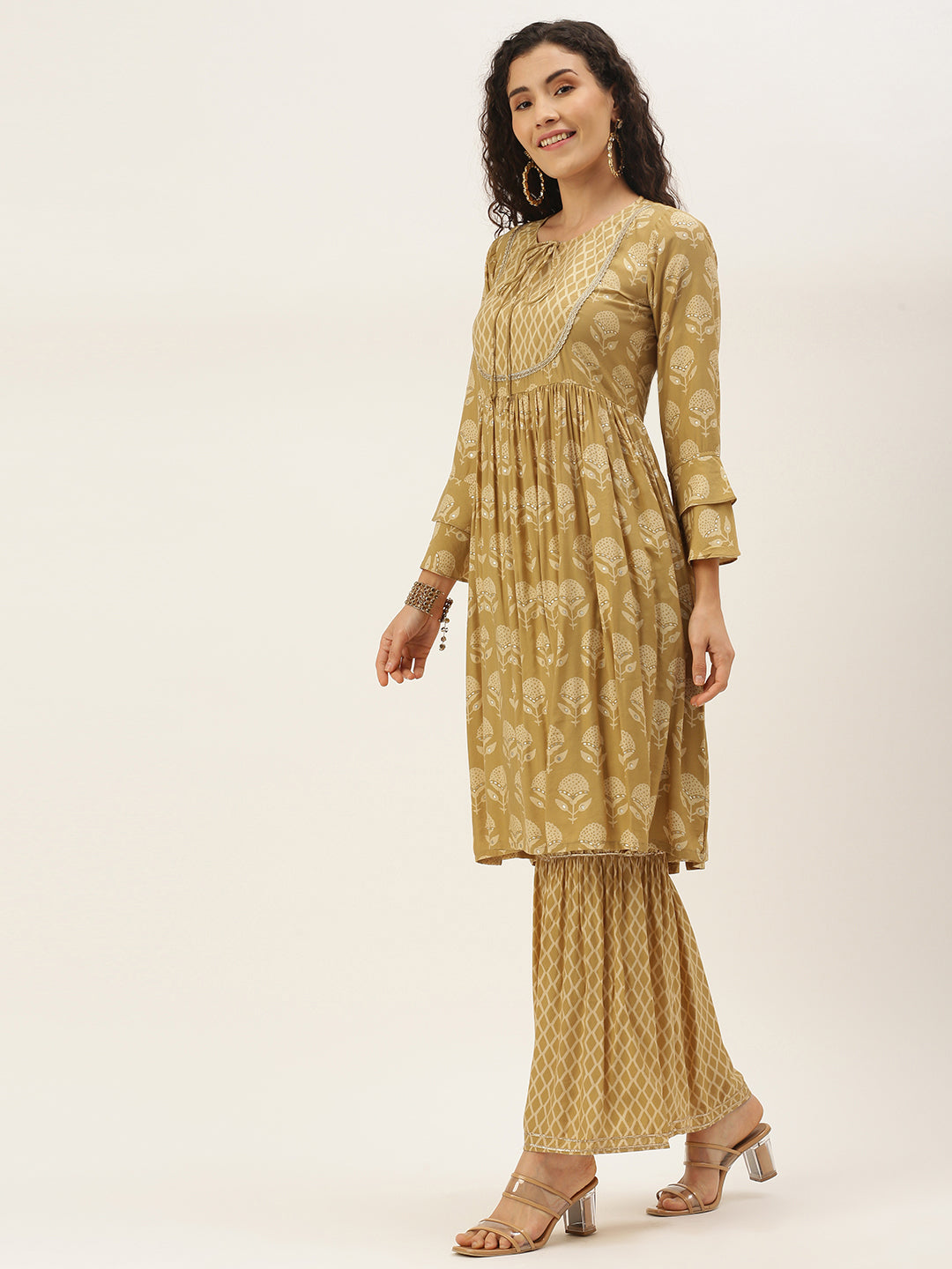 Women's Mustard Color Muslin Foil Printed Kurta Sharara With Dupatta