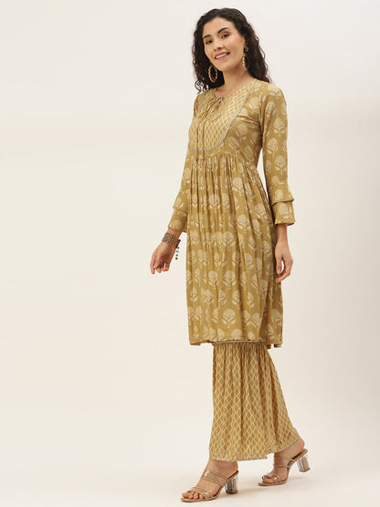 Women's Mustard Color Muslin Foil Printed Kurta Sharara With Dupatta