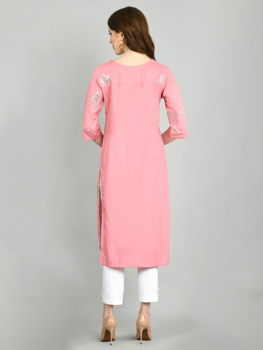 Women's Pink Cotton Printed 3/4 Sleeve Round Neck Casual Kurta Dupatta Set