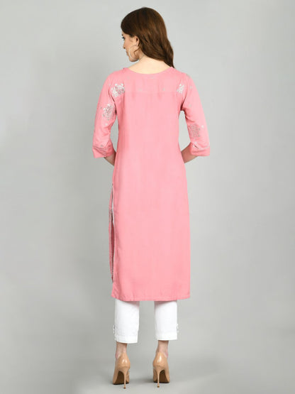 Women's Pink Cotton Printed 3/4 Sleeve Round Neck Casual Kurta Dupatta Set