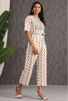 Women's Ivory Rayon Printed Ethnic Jumpsuit with Belt