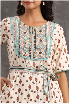 Women's Ivory Rayon Printed Ethnic Jumpsuit with Belt