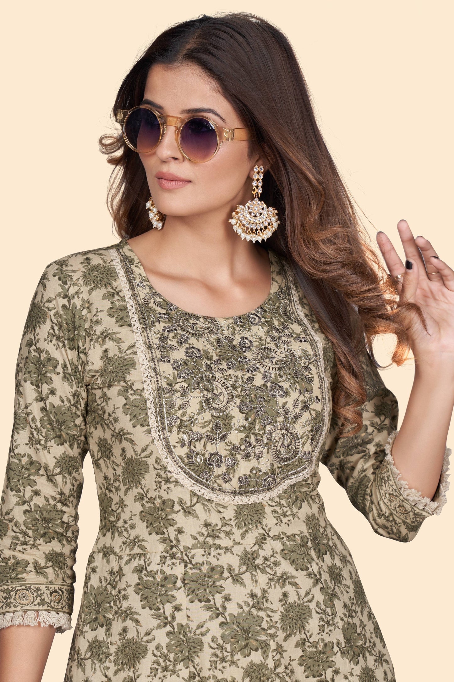 Women's Print & Embroidered A-Line Cotton Mahendi Green Stitched Kurta