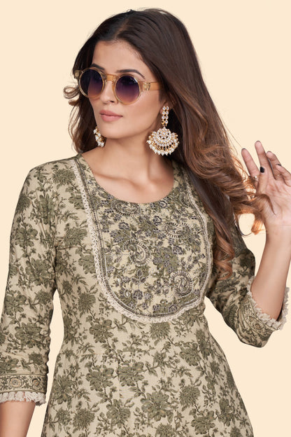 Women's Print & Embroidered A-Line Cotton Mahendi Green Stitched Kurta