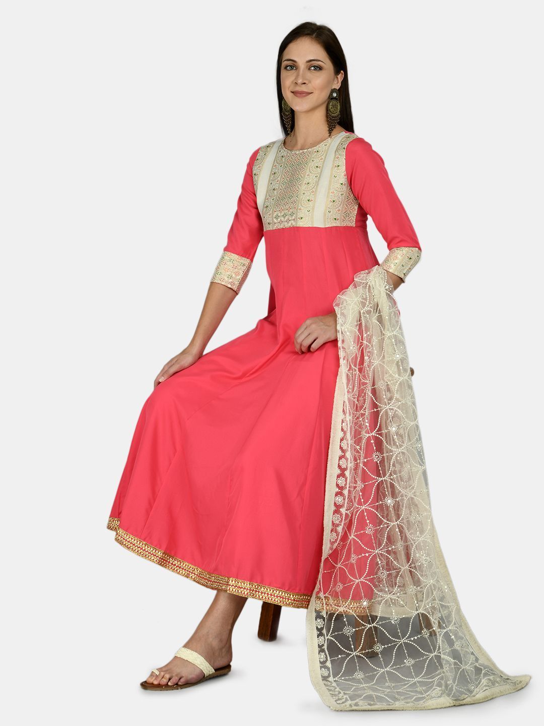 Women's Pink Rayon Printed 3/4 Sleeve Round Neck Casual Anarkali Dupatta Set