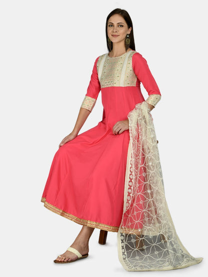 Women's Pink Rayon Printed 3/4 Sleeve Round Neck Casual Anarkali Dupatta Set