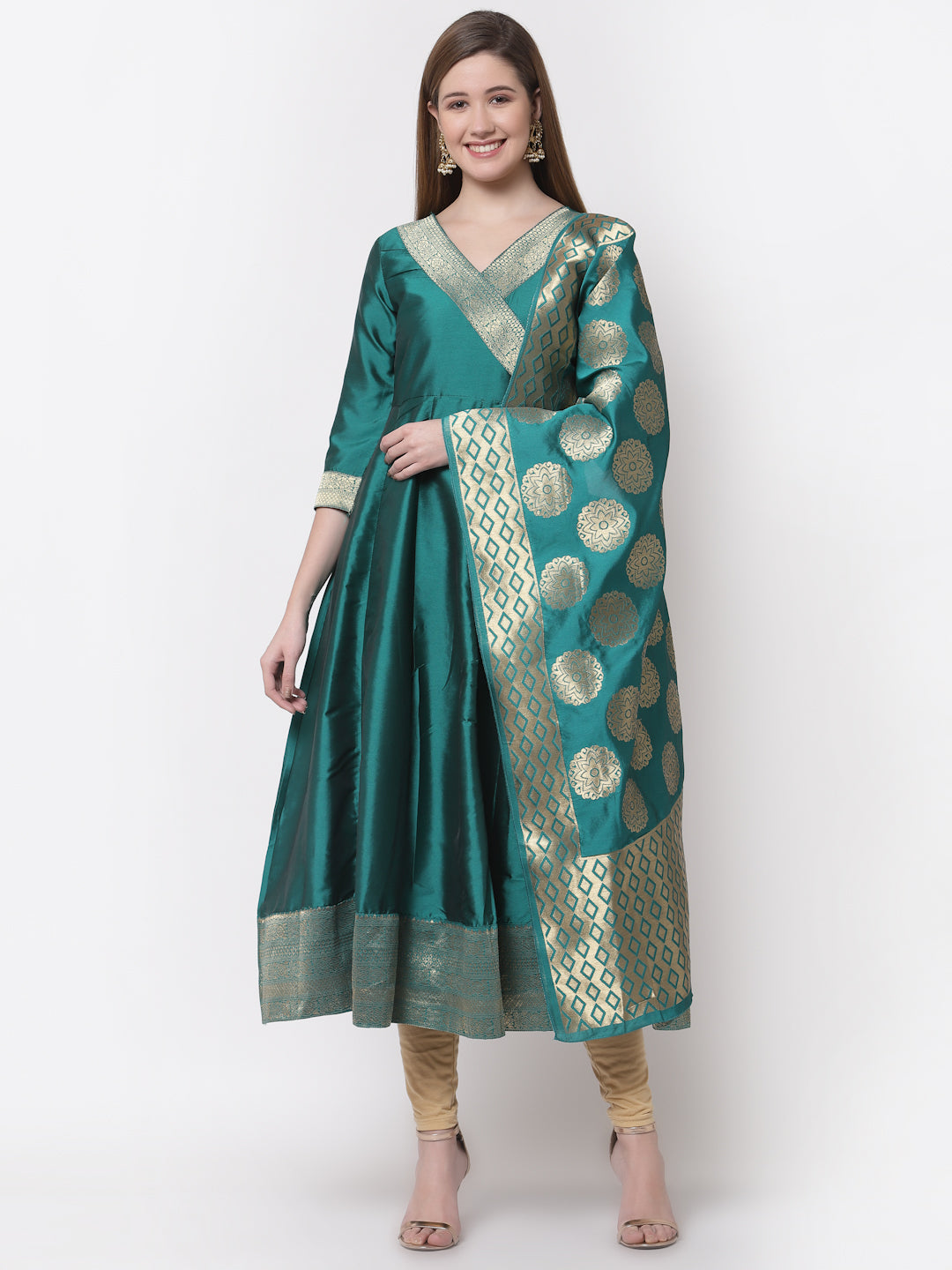 Women's Stylish Silk V Neck 3/4 Sleeve Solid Anarkali Gown with Dupatta