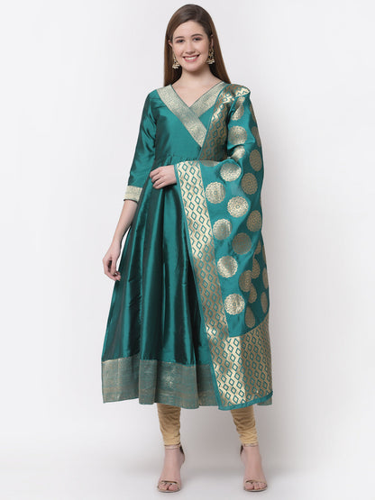 Women's Stylish Silk V Neck 3/4 Sleeve Solid Anarkali Gown with Dupatta