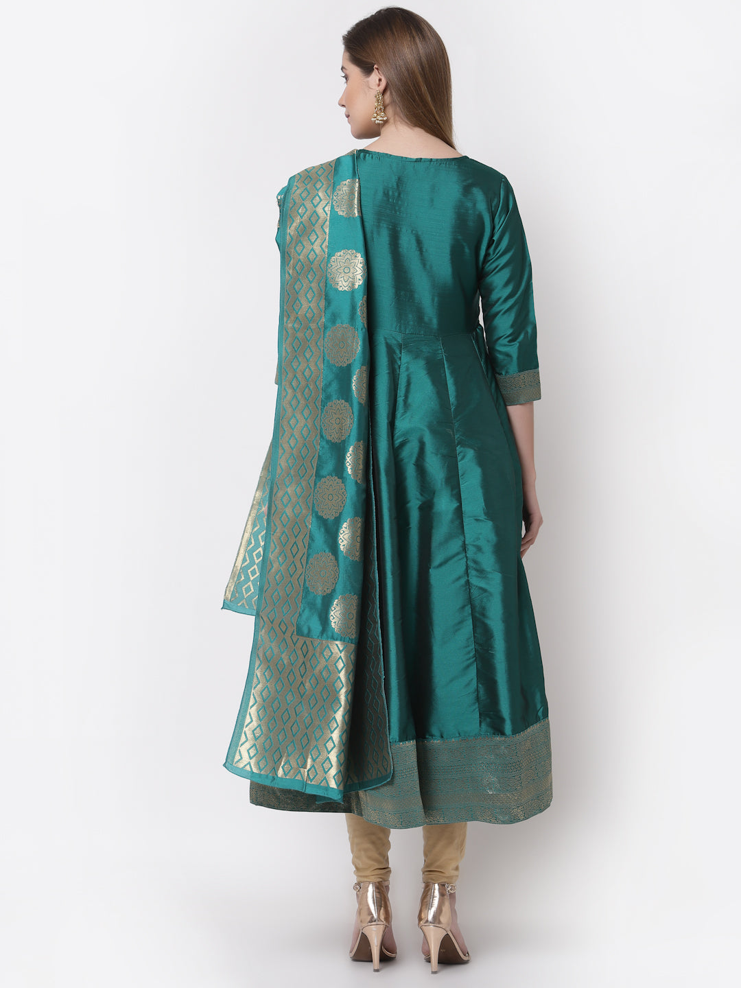 Women's Stylish Silk V Neck 3/4 Sleeve Solid Anarkali Gown with Dupatta