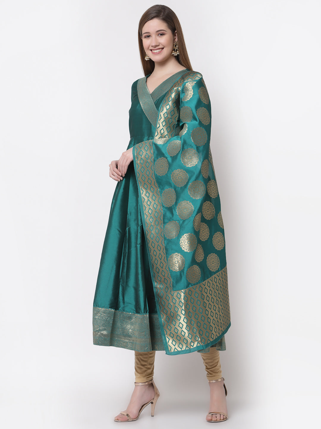 Women's Stylish Silk V Neck 3/4 Sleeve Solid Anarkali Gown with Dupatta