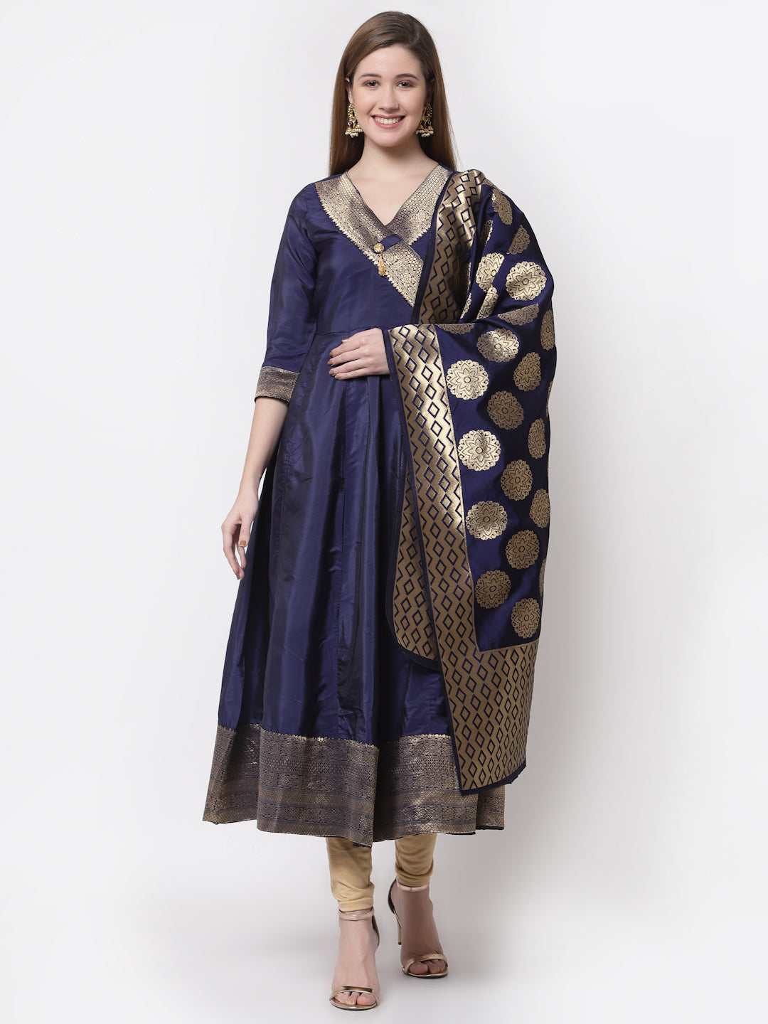 Women's Stylish Silk V Neck 3/4 Sleeve Solid Anarkali Gown with Dupatta