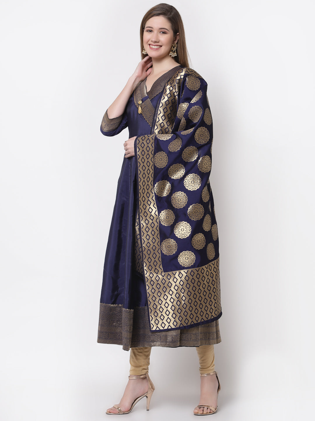 Women's Stylish Silk V Neck 3/4 Sleeve Solid Anarkali Gown with Dupatta