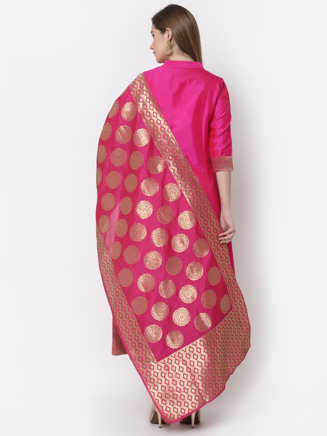 Women's Stylish Silk Mandarin Neck 3/4 Sleeve Solid Anarkali Gown with Dupatta
