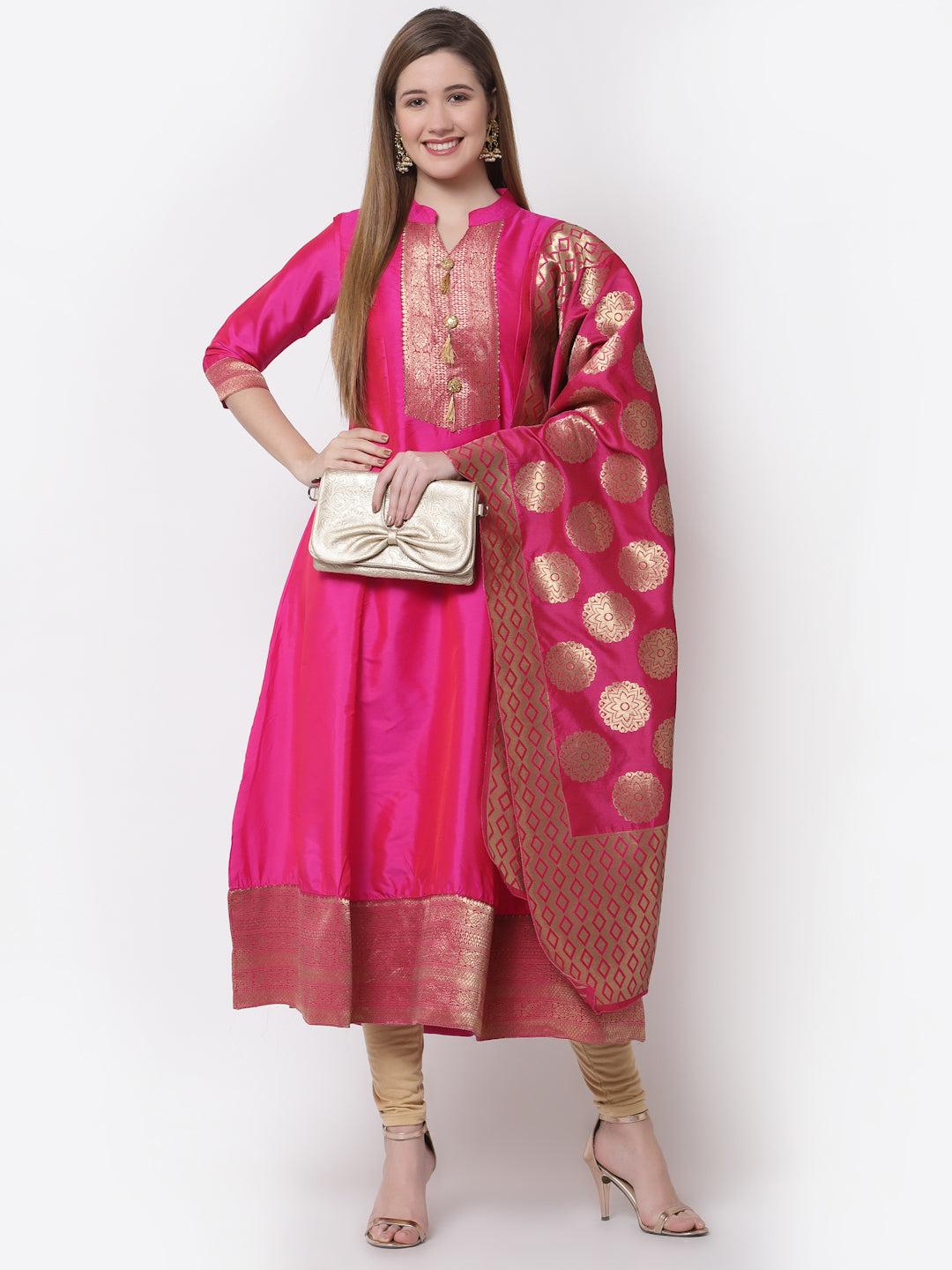 Women's Stylish Silk Mandarin Neck 3/4 Sleeve Solid Anarkali Gown with Dupatta