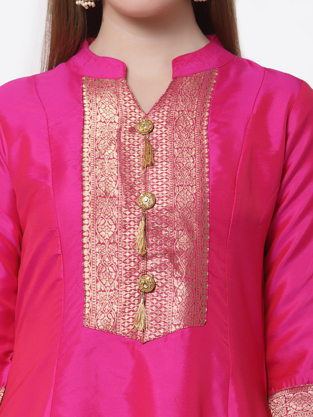 Women's Stylish Silk Mandarin Neck 3/4 Sleeve Solid Anarkali Gown with Dupatta