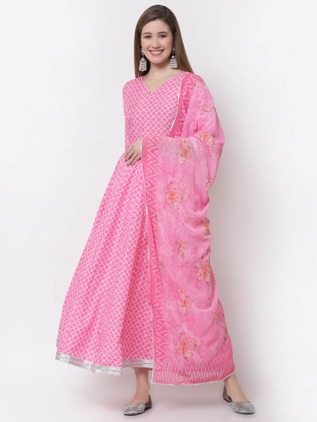Women's Stylish Cotton Blend V Neck 3/4 Sleeve Printed Anarkali Kurta with Dupatta