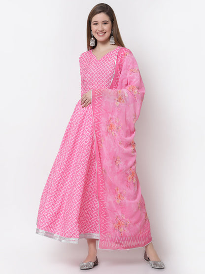 Women's Stylish Cotton Blend V Neck 3/4 Sleeve Printed Anarkali Kurta with Dupatta