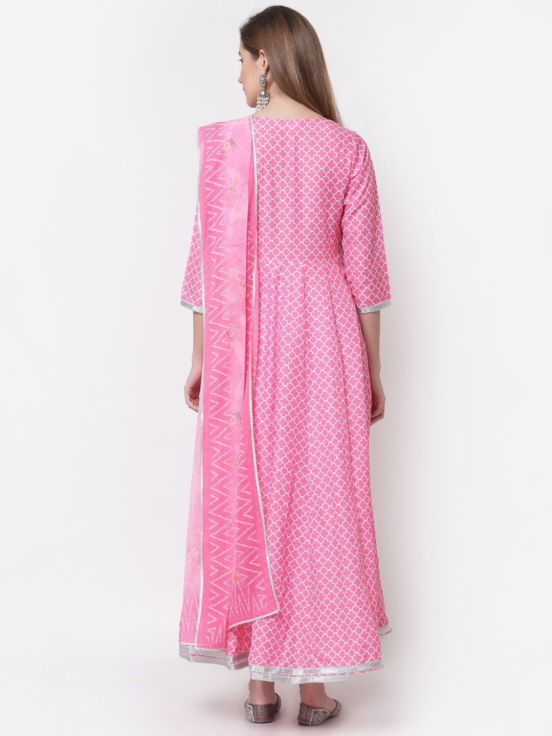 Women's Stylish Cotton Blend V Neck 3/4 Sleeve Printed Anarkali Kurta with Dupatta