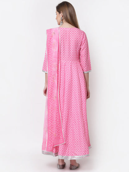 Women's Stylish Cotton Blend V Neck 3/4 Sleeve Printed Anarkali Kurta with Dupatta
