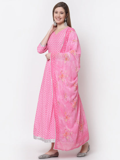 Women's Stylish Cotton Blend V Neck 3/4 Sleeve Printed Anarkali Kurta with Dupatta