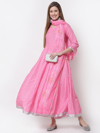 Women's Stylish Cotton Blend V Neck 3/4 Sleeve Printed Anarkali Kurta with Dupatta