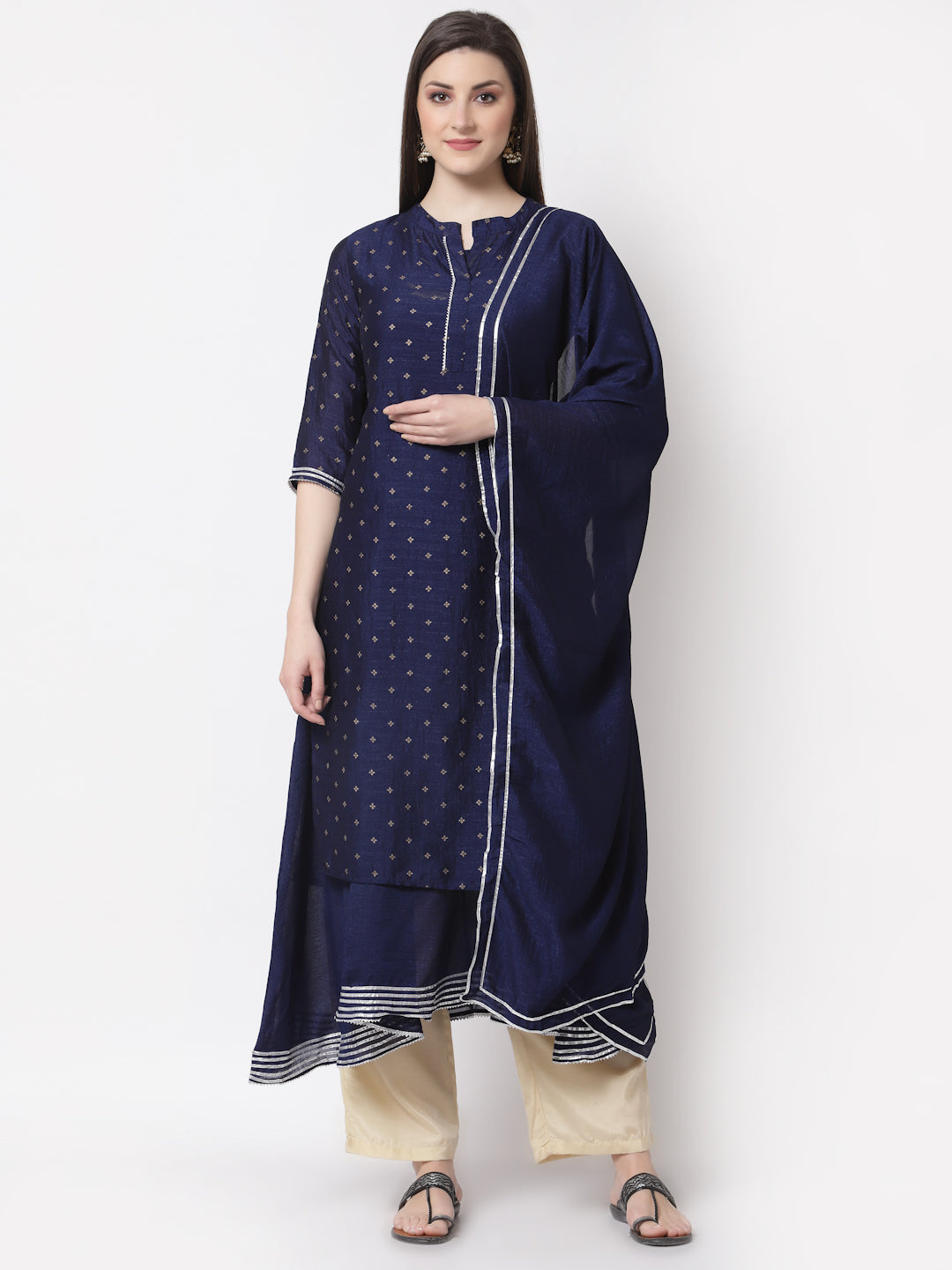 Women's Navy Blue Georgette Printed 3/4 Sleeve Mandarin Neck Casual Kurta Cammy Set