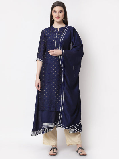 Women's Navy Blue Georgette Printed 3/4 Sleeve Mandarin Neck Casual Kurta Cammy Set