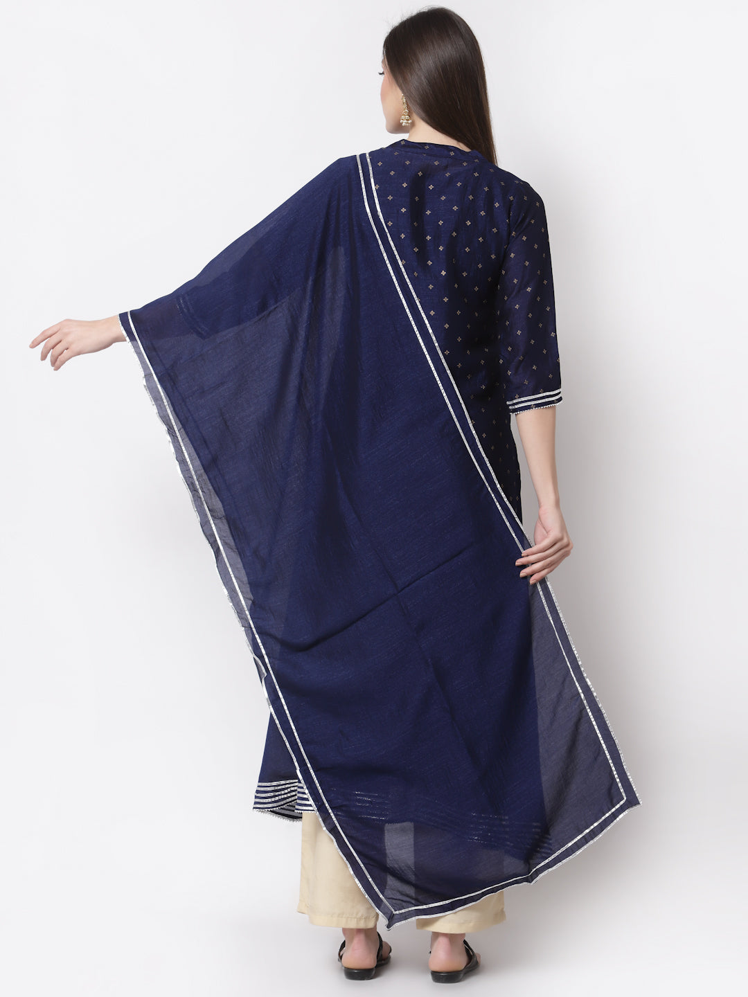 Women's Navy Blue Georgette Printed 3/4 Sleeve Mandarin Neck Casual Kurta Cammy Set