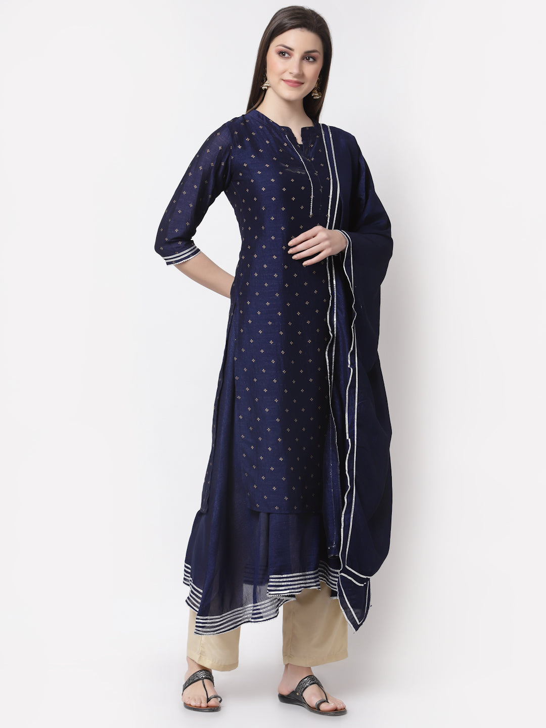 Women's Navy Blue Georgette Printed 3/4 Sleeve Mandarin Neck Casual Kurta Cammy Set