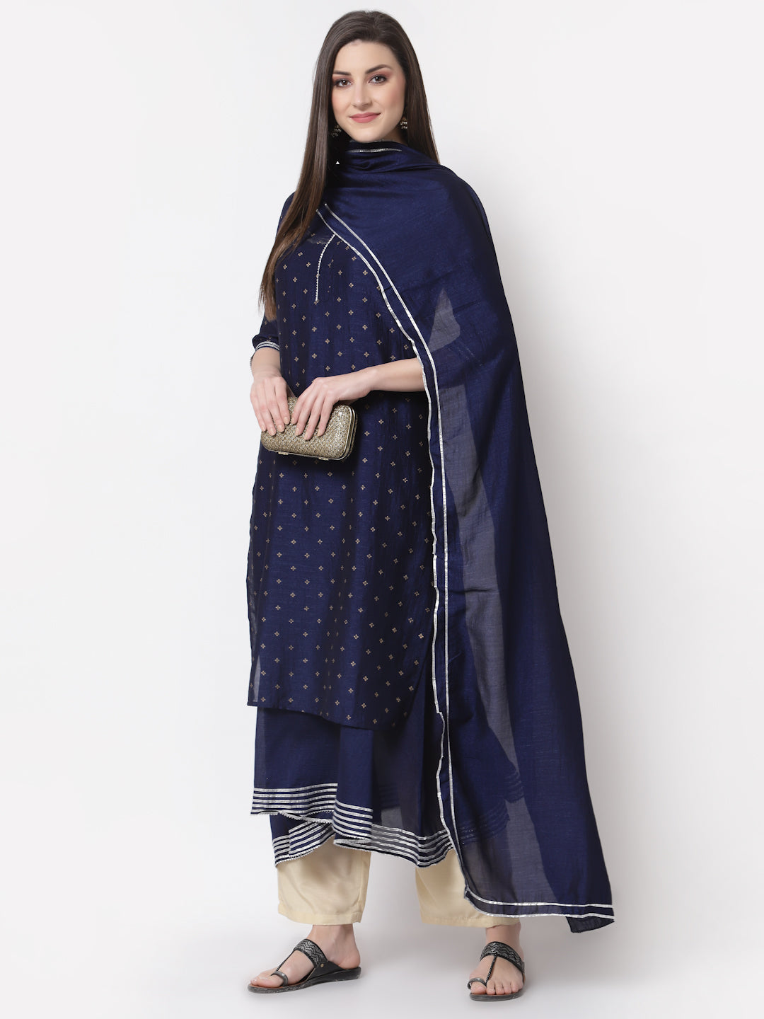 Women's Navy Blue Georgette Printed 3/4 Sleeve Mandarin Neck Casual Kurta Cammy Set