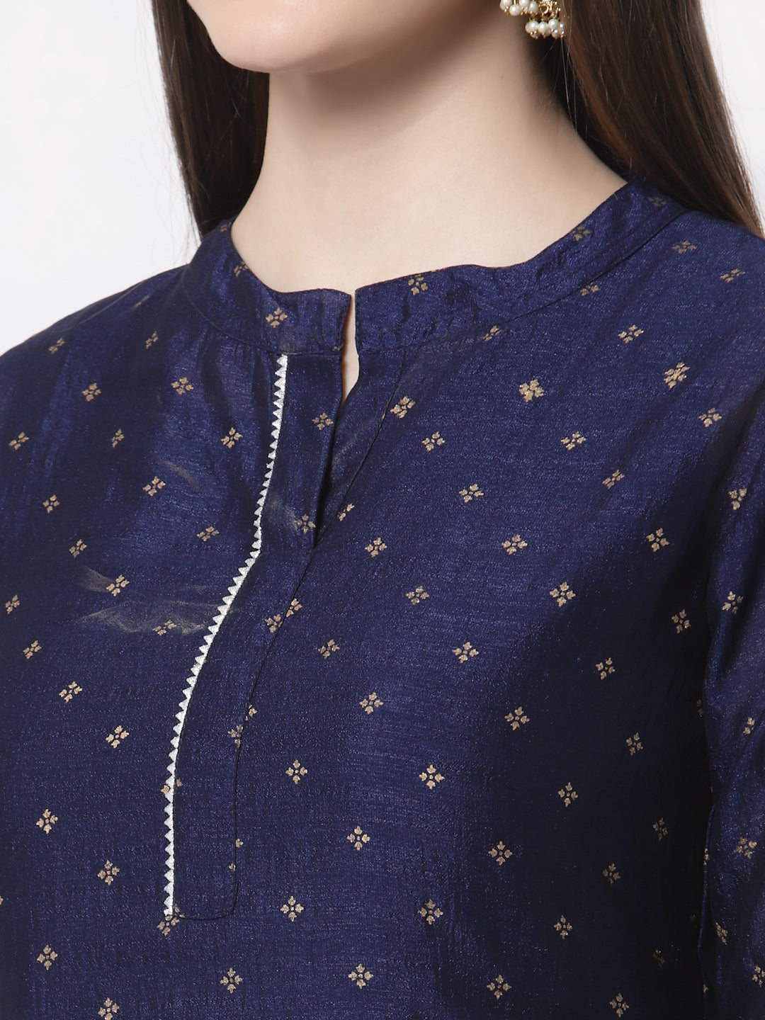 Women's Navy Blue Georgette Printed 3/4 Sleeve Mandarin Neck Casual Kurta Cammy Set