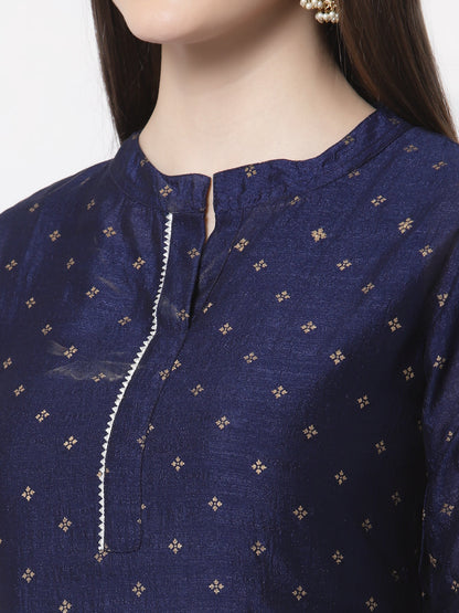 Women's Navy Blue Georgette Printed 3/4 Sleeve Mandarin Neck Casual Kurta Cammy Set