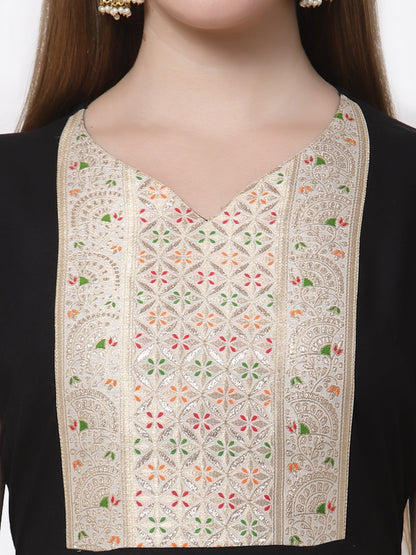 Women's Stylish Rayon V Neck Half Sleeve Embroidered Anarkali Kurta with Dupatta